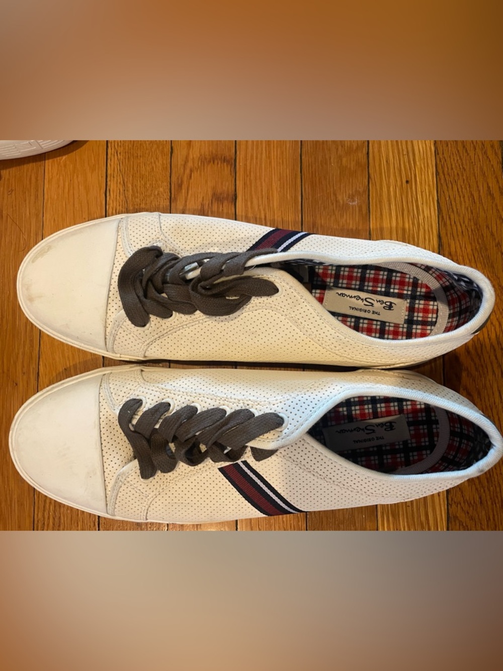Ben Sherman White Perforated Sneakers with Navy & Red Stripe